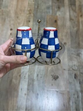 Blue & White Checkered Salt and Pepper Shakers with Red Trim